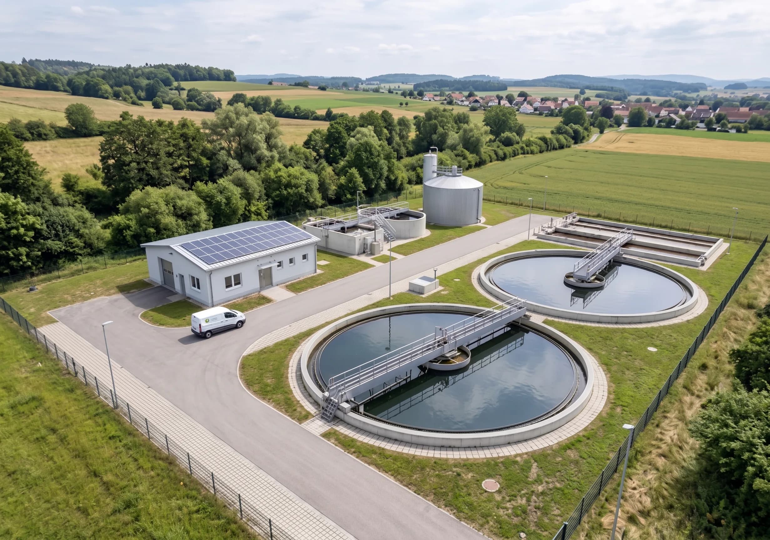 Luftaufnahme einer Kläranlage mit zwei runden Klärbecken und einem Betriebsgebäude mit Solardach in ländlicher Umgebung