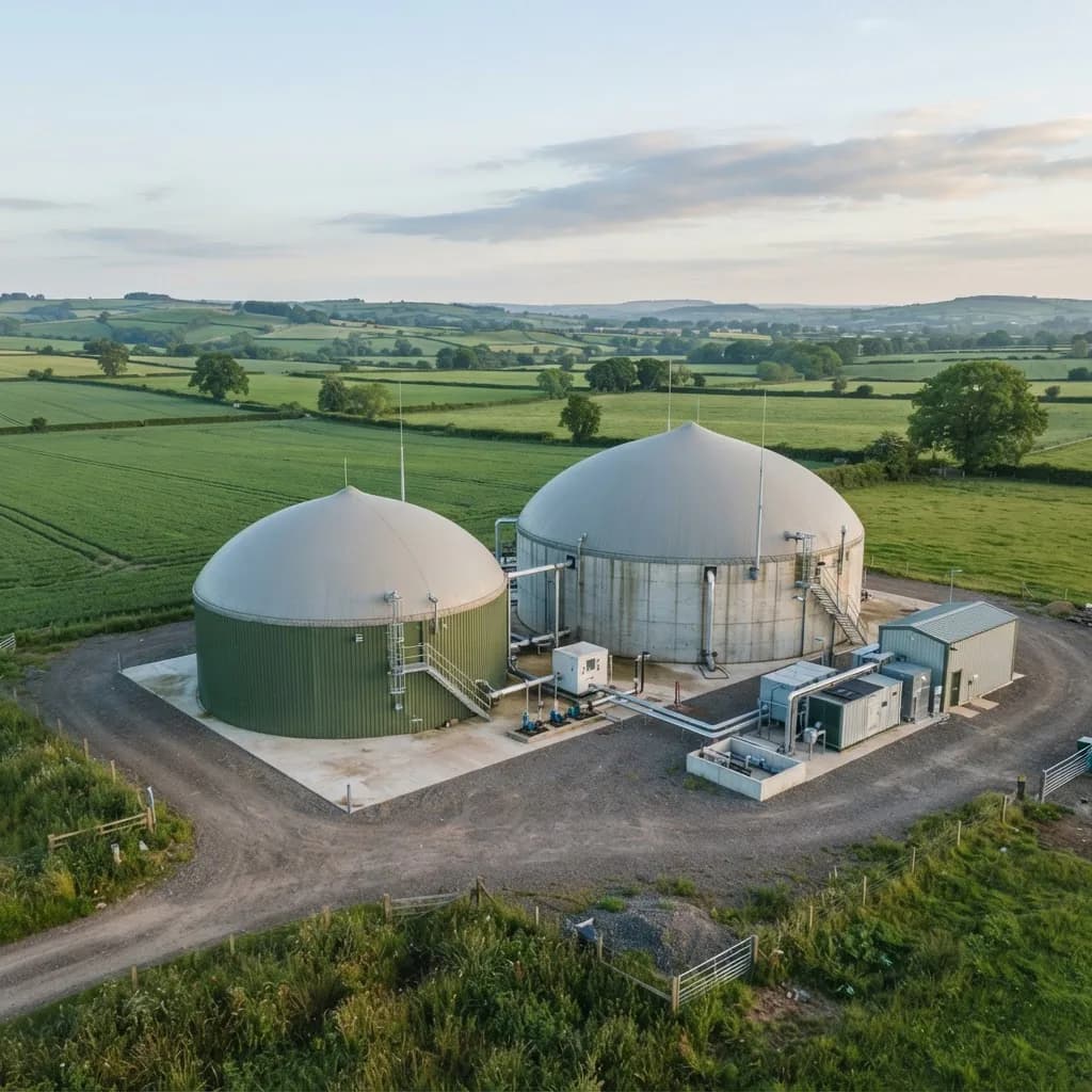 Biogasanlage mit Fermentertanks in landwirtschaftlicher Umgebung